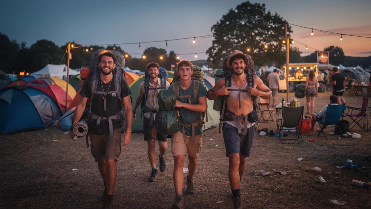 Young travellers with backpacks arriving at a European festival campsite at dusk