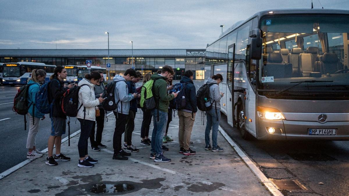 Group of young travelers with backpacks boarding a night bus to Budapest